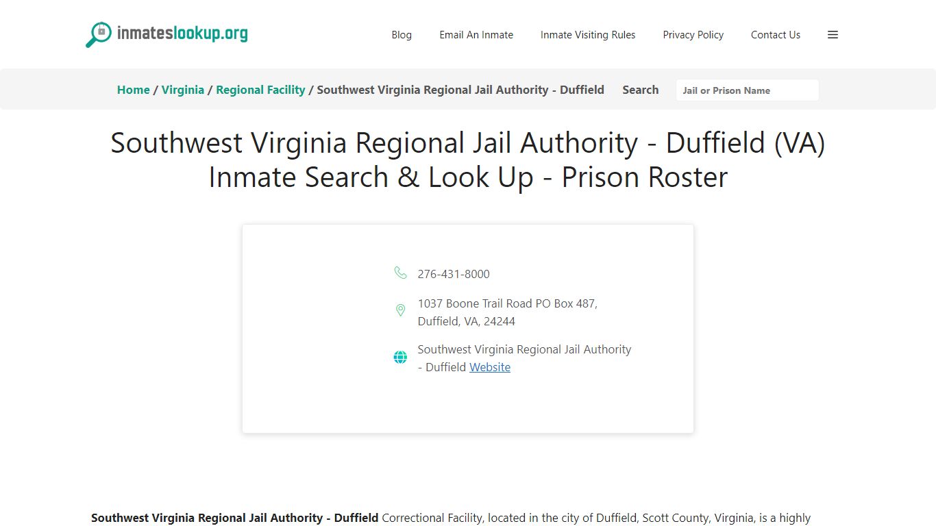 Southwest Virginia Regional Jail Authority - Duffield (VA) Inmate ...